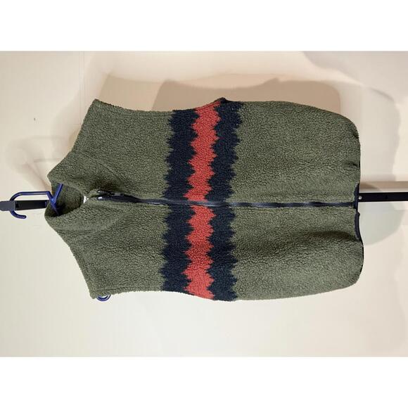 80s Men's Olive Green Fleece Vest with Red and Navy Zigzag Stripe S/M - Picture 2 of 6